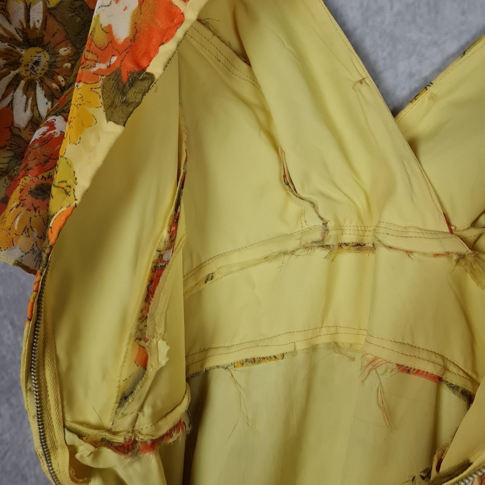 Vntg Floral Dress Jacket Womens 12 Yellow Chiffon Maxi 70s Mod Flutter Sleeve - Picture 12 of 16